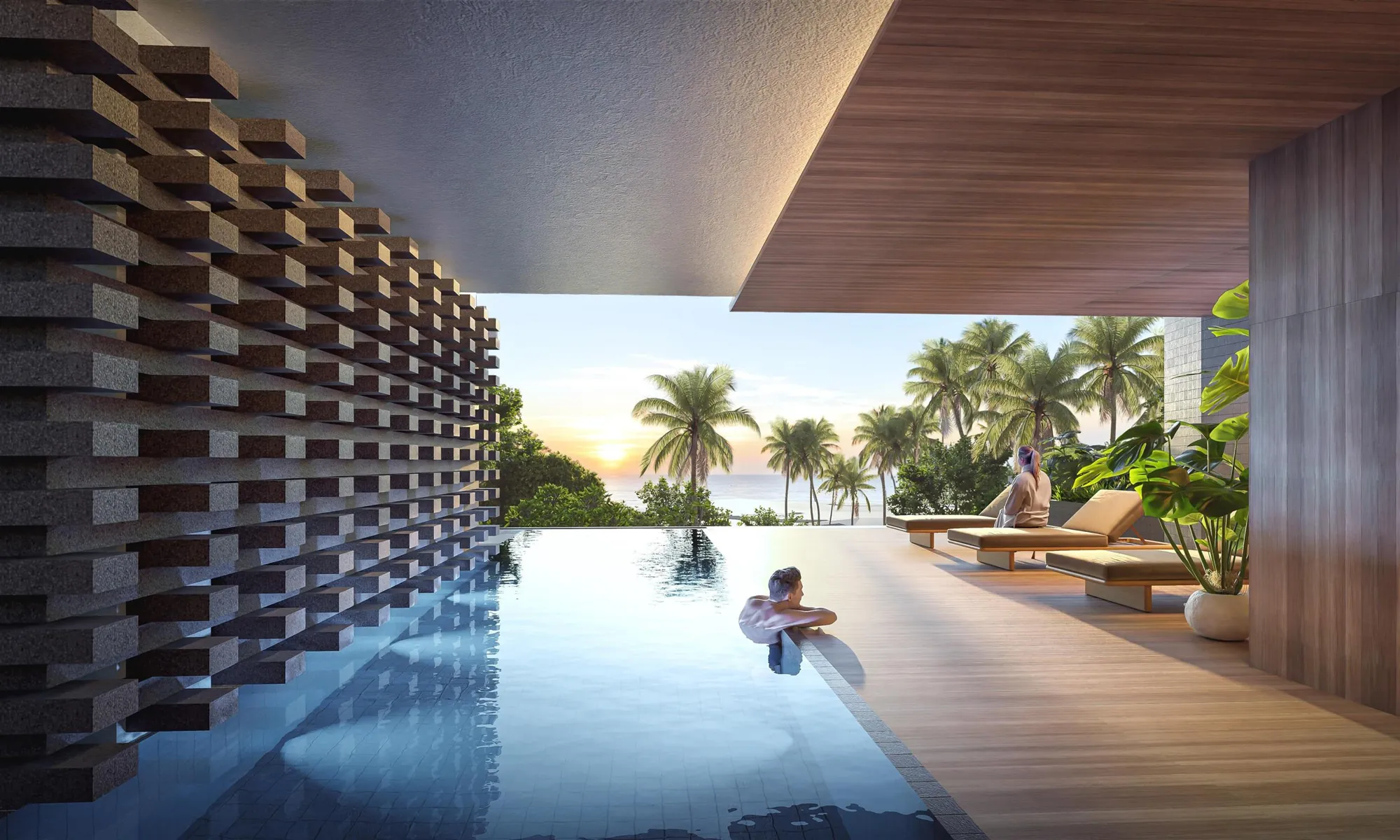 Infinity pool framed by a textured brick screen wall
