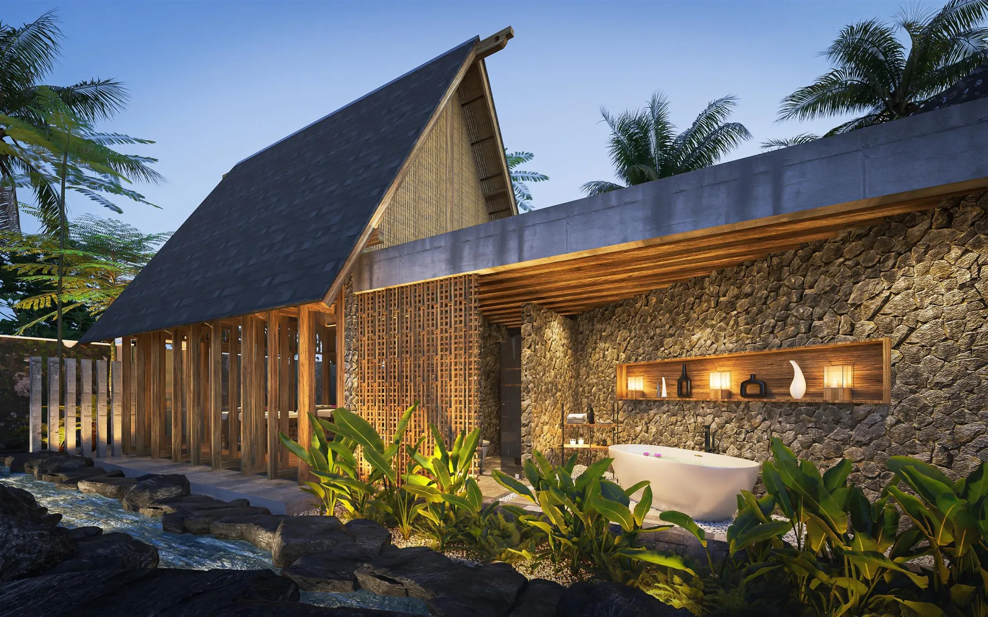 Villa with an open-air stone bathroom under a steep thatched roof